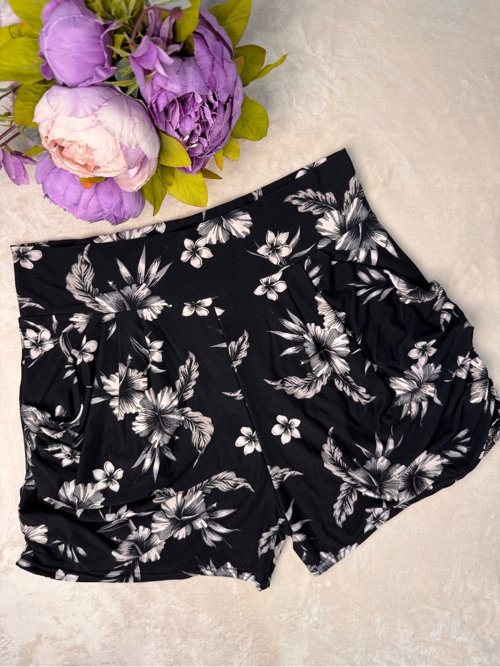 Boutique Black Floral High Waisted Shorts